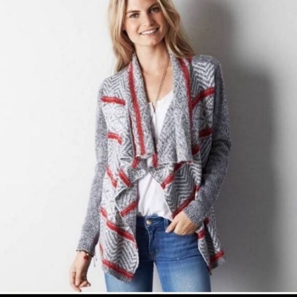 American Eagle Outfitters open front sweater knit cardigan red gray Fair Isle - Picture 8 of 8
